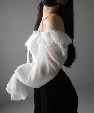 【 ２color ／ ２WAY 】フロントリボンクロスネックオフショルシフォンブラウス ／ front ribbon cross neck off-shoulder chiffon blouse
