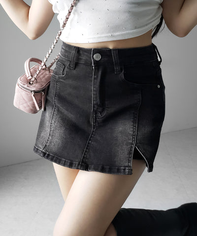 ミニスリットストレッチレイヤードデニムミニスカパン ／ mini slit stretch layered denim mini skirt pants