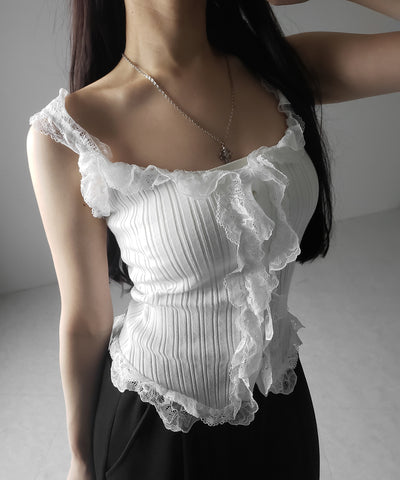 【 ２color 】レースフリルドッキングリブニットキャミタンク ／ lace frill docking lib knit cami tank