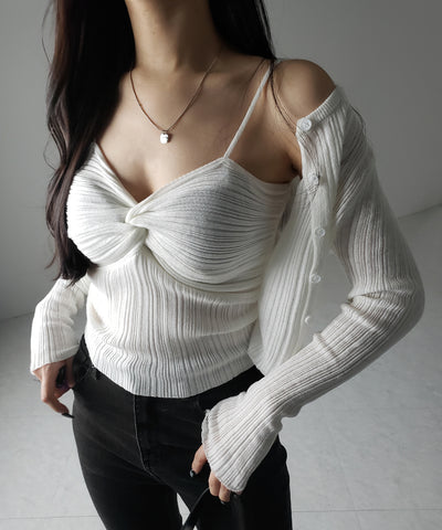 【 2点セット 】ツイストリブニットキャミソール ＋シアーリブショートカーディガン SET ／ twisted rib knit camisole + sheer rib short cardigan SET