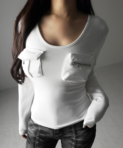 【 裏起毛 】アウトポケットオープンネックスリムトップス ／ out pocket open neck slim tops