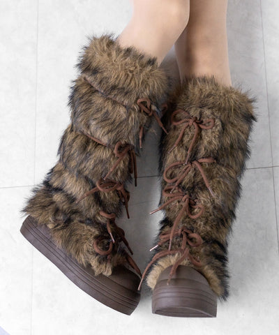 ボリュームフェイクファーレースアップロングブーツ ／ volume fake fur laceup long boots
