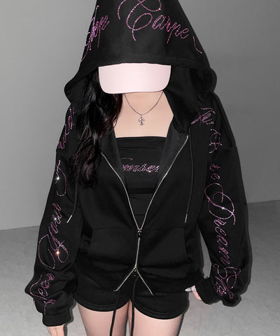 【 セットアップ可能 】ラインストーンロゴダブルジップパーカー ／ Rhine stone logo double zip hoodie