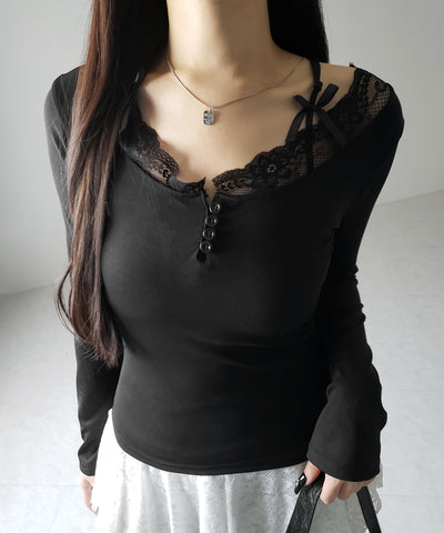 【 ２color 】ストラップダブルリボンレースカットソートップス ／ strap double ribbon lace cutsew tops