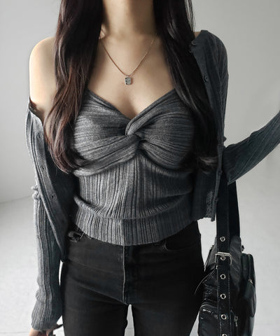 【 2点セット 】ツイストリブニットキャミソール ＋シアーリブショートカーディガン SET ／ twisted rib knit camisole + sheer rib short cardigan SET