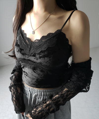 【 カップ付き 】ダブルレースベロアショートビスチェキャミソール ／ double lace velor short bustier camisole