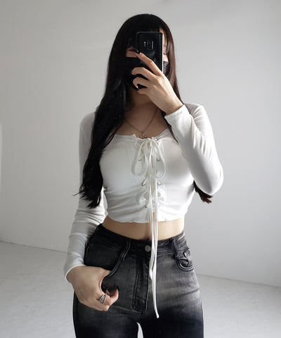 【 ３color 】レースアップフロントリボンショートスリムトップス ／ lace up front ribbon short slim tops