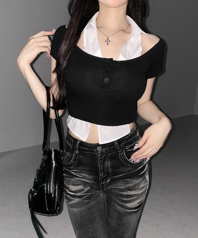 シャツレイヤードヘンリーネックカットアウトトップス ／ shirt layered henlyneck cutout tops