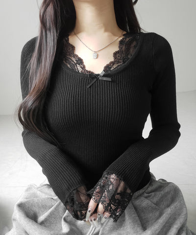 フロントリボンレース切替リブニットトップス ／ front ribbon lace switching ribbed knit tops