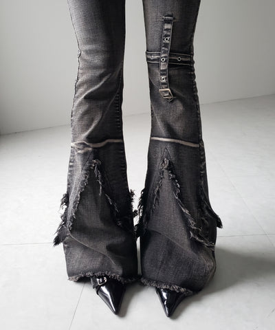 【 ２color ／ ４size 】クロスデザインヴィンテージライクフリンジストレッチフレアデニム ／ cross design vintage-like fringe stretch flare denim