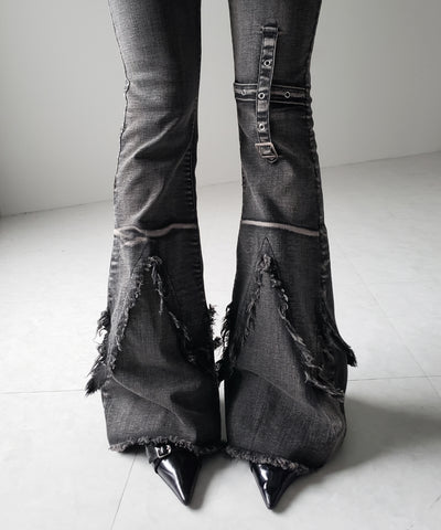 【 ２color ／ ４size 】クロスデザインヴィンテージライクフリンジストレッチフレアデニム ／ cross design vintage-like fringe stretch flare denim