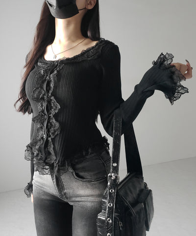 【 ３color 】レースフリルドッキングリブニットカーディガン ／ lace frill docking rib knit cardigan