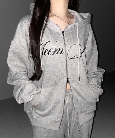 【 セットアップ可能 】レタリングロゴプリントダブルジップビッグパーカー ／ lettering logo print double zip BIG hoodie