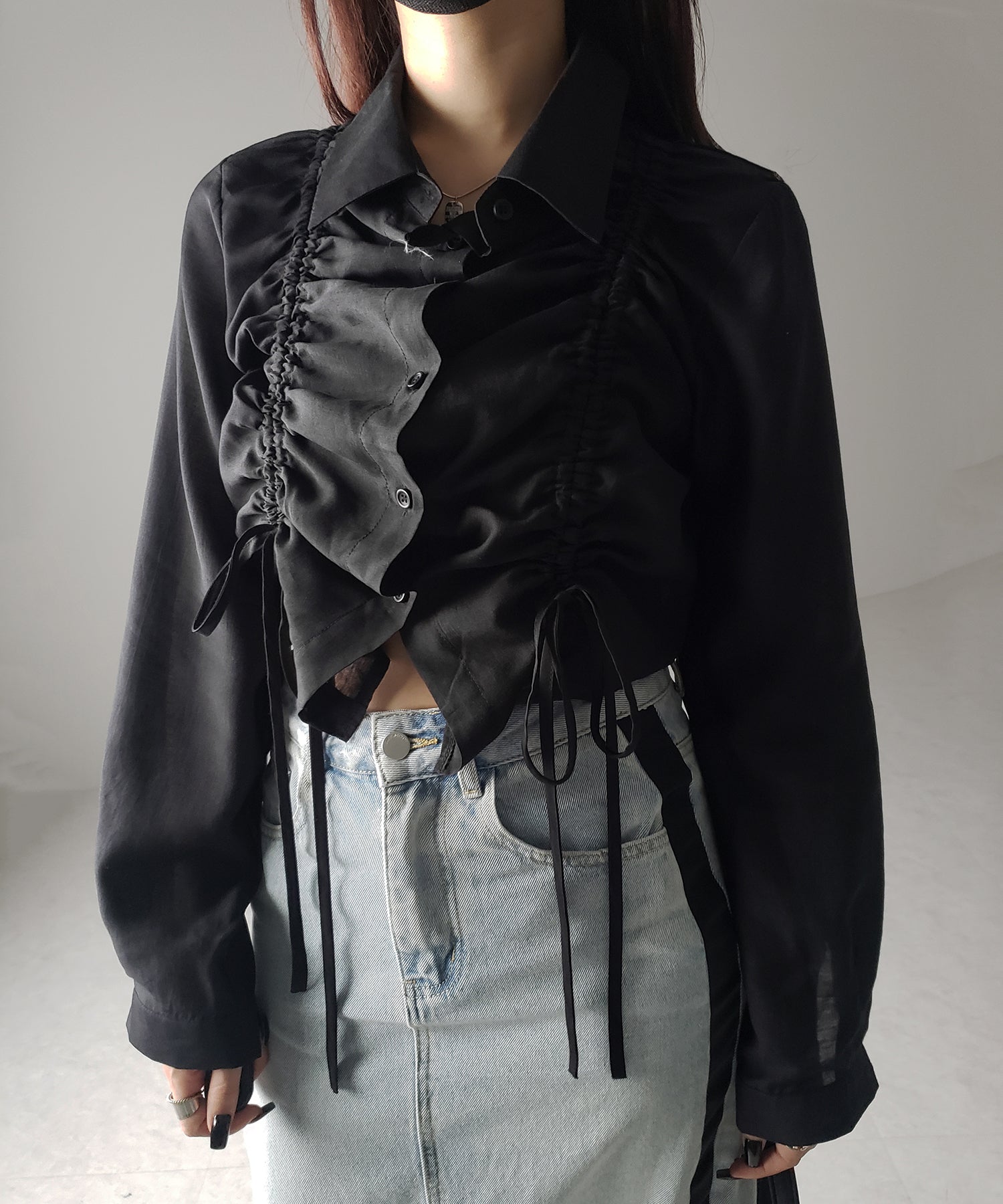 【 ３color 】ダブルリボンシャーリングショートシアーシャツ ／ double shirring ribbon short sheer shirts