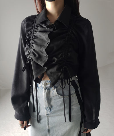 【 ３color 】ダブルリボンシャーリングショートシアーシャツ ／ double shirring ribbon short sheer shirts