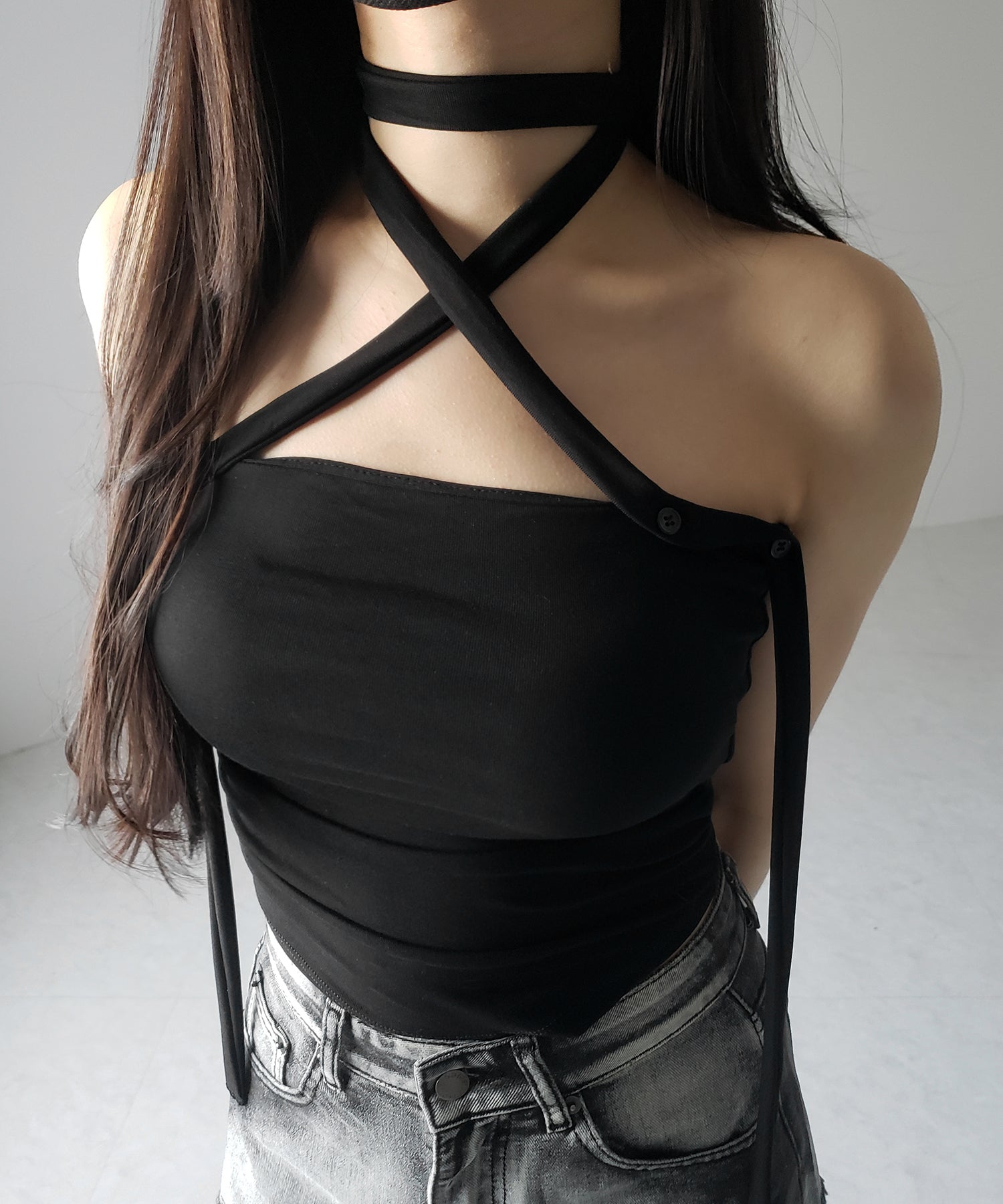 【 ３color ／ カップ付 】ロングチョーカークロスネックキャミソール ／ long choker cross neck camisole
