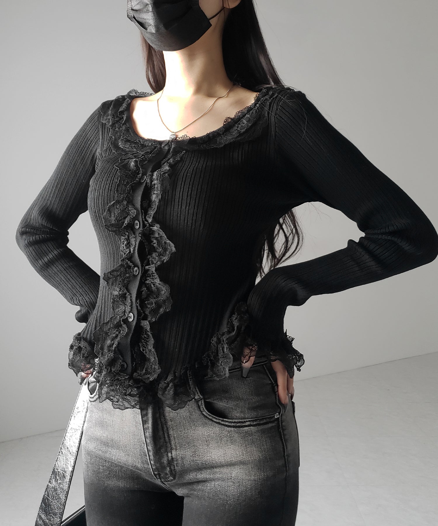 【 ３color 】レースフリルドッキングリブニットカーディガン ／ lace frill docking rib knit cardigan