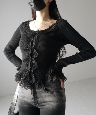 【 ３color 】レースフリルドッキングリブニットカーディガン ／ lace frill docking rib knit cardigan