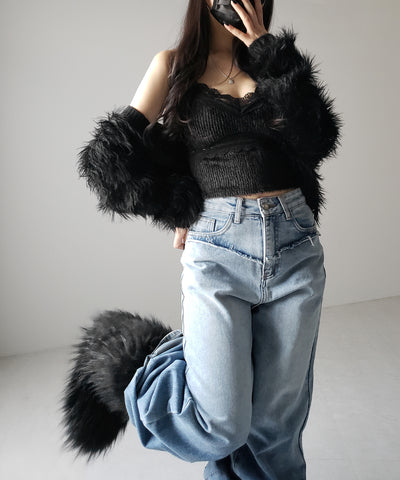 【 カップ付き 】ダブルレースシャギーファーショートビスチェキャミソール ／ double lace shaggy fur short bustier camisole
