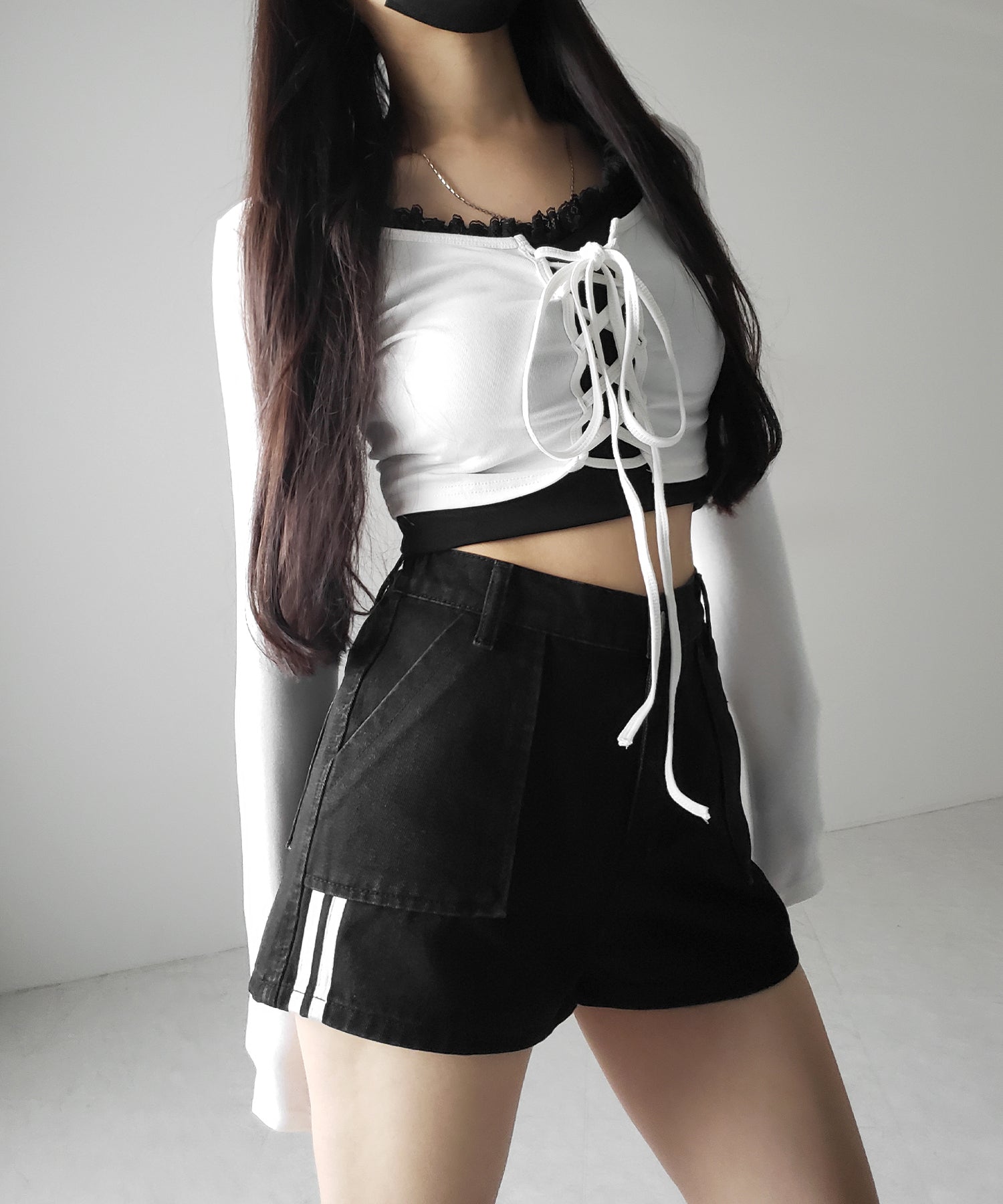 【 ２color 】サイドラインハイウエストデニムショートパンツ ／ sideline highwaist denim short pants