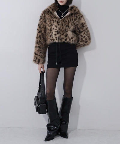 レオパードフェイクファーフーディショートコート ／ reopard fakefur hoodie short coat