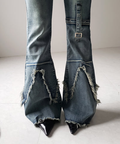 【 ２color ／ ４size 】クロスデザインヴィンテージライクフリンジストレッチフレアデニム ／ cross design vintage-like fringe stretch flare denim