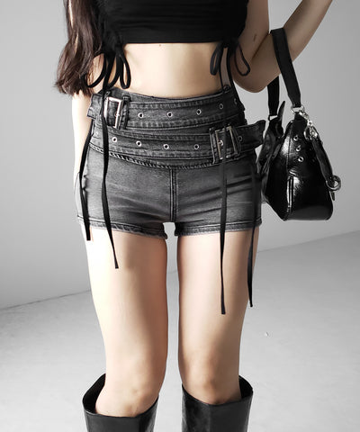 ダブルベルテッドマイクロミニデニムショートパンツ ／ double belted micro mini denim short pants