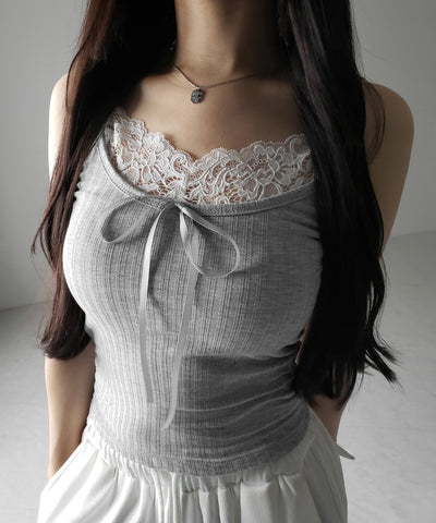 【 ３color ／ カップ付き 】フロントリボンレースドッキングキャミソール ／front ribbon lace docking camisole