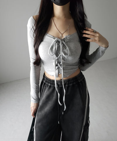 【 ３color 】レースアップフロントリボンショートスリムトップス ／ lace up front ribbon short slim tops