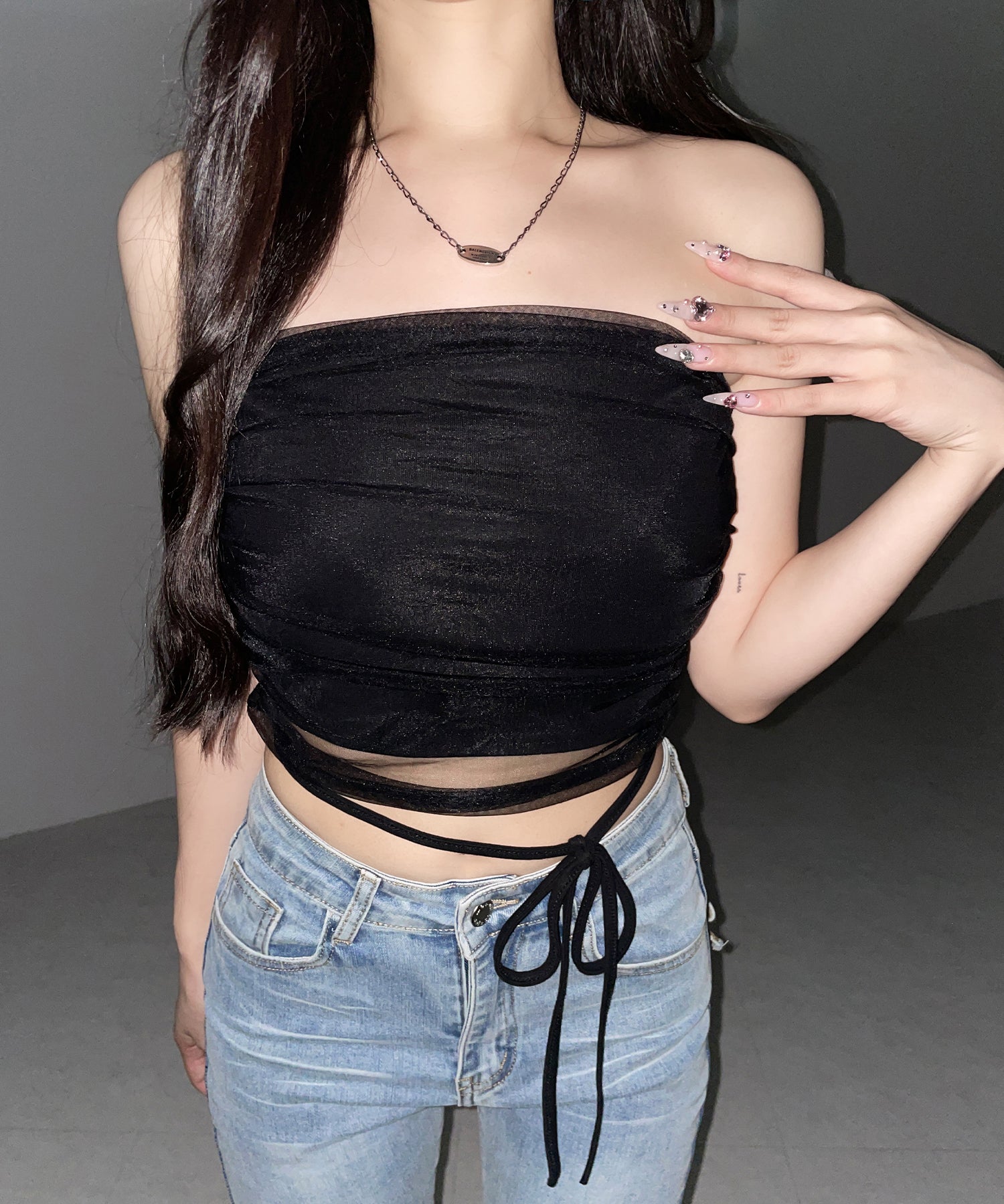ウエストクロスチュールドッキングベアトップ ／ waist cross tulle docking bare top