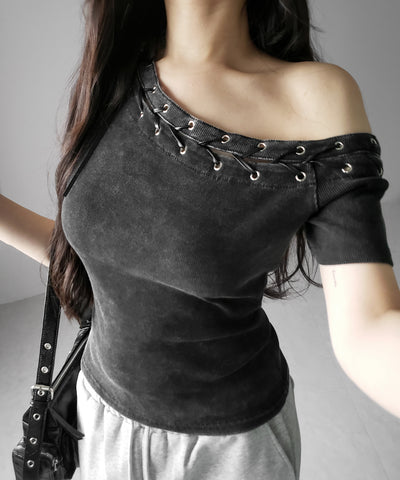 ヴィンテージカットアウトレースアップ半袖ワンショルリブトップス ／ vintage cutout laceup short sleeve one shoulder lib tops