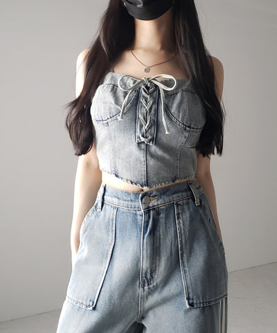 【 ２color 】レースアップリボンコルセットデニムビスチェ ／ lace up ribbon corset denim bustier