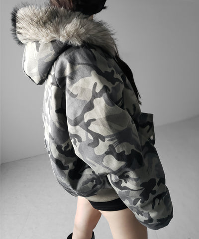 カモフラフェイクファーフーディ中綿ジャケット ／ camouflage fake fur hoodie down jacket