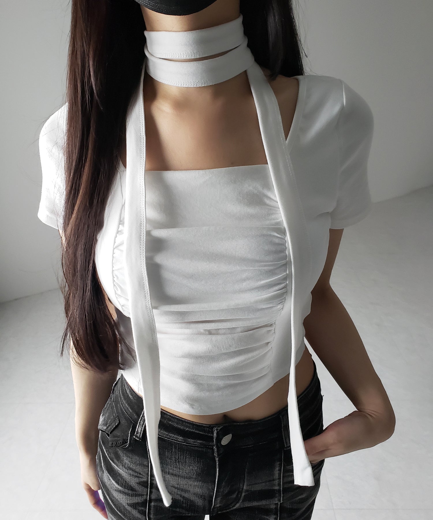【 ２WAY 】チョーカーロングタイ付き スクエアネックギャザースリムＴシャツ ／ choker long tie SET square neck gather slim sleeve T-shirt