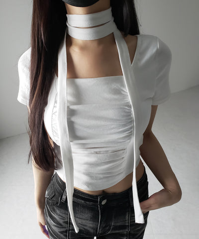 【 ２WAY 】チョーカーロングタイ付き スクエアネックギャザースリムＴシャツ ／ choker long tie SET square neck gather slim sleeve T-shirt
