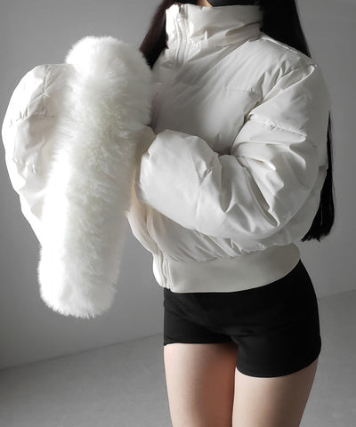 【 フード取り外し可能２ＷＡＹ 】フェイクファーフードショートダウンジャケット ／ 2WAY fake fur hoodie short down jacket