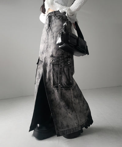 【 ３SIZE 】クラッシュブリーチセンタースリットカーゴデニムスカート ／ crash bleach center slit cargo denim skirt