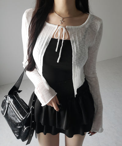【 ２color 】フロントリボンシアーニットショートカーディガン ／ front ribbon sheer knit short cardigan