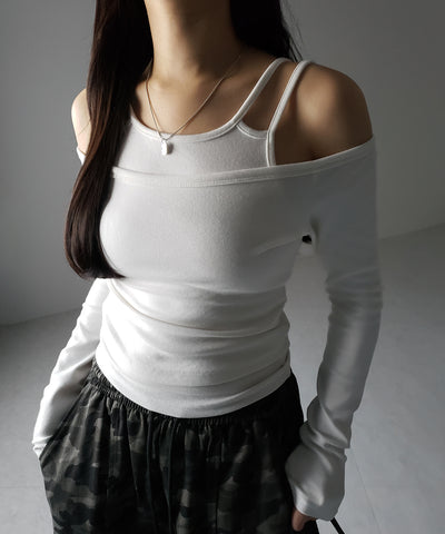 【 ２color 】レイヤードダブルストラップオフショルトップス ／ layerd double strap off shoulder tops