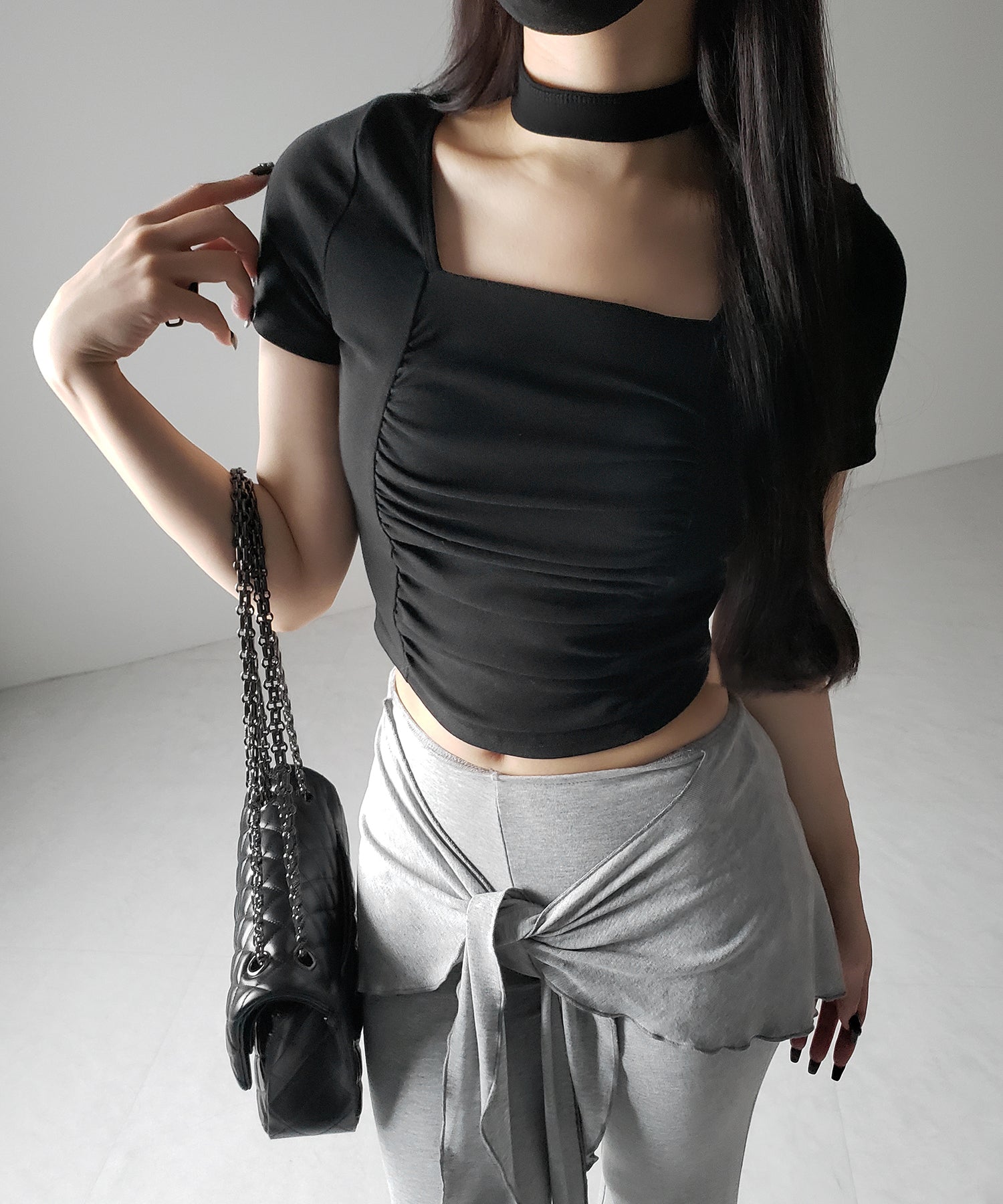 【 ２WAY 】チョーカーロングタイ付き スクエアネックギャザースリムＴシャツ ／ choker long tie SET square neck gather slim sleeve T-shirt