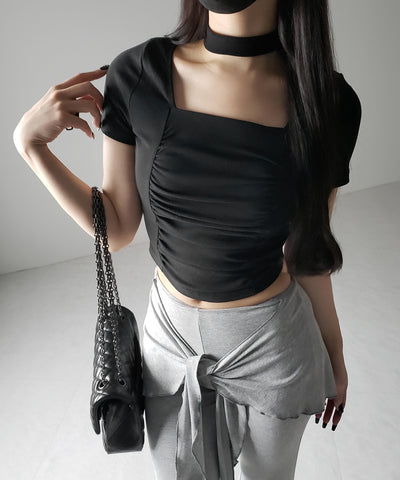 【 ２WAY 】チョーカーロングタイ付き スクエアネックギャザースリムＴシャツ ／ choker long tie SET square neck gather slim sleeve T-shirt