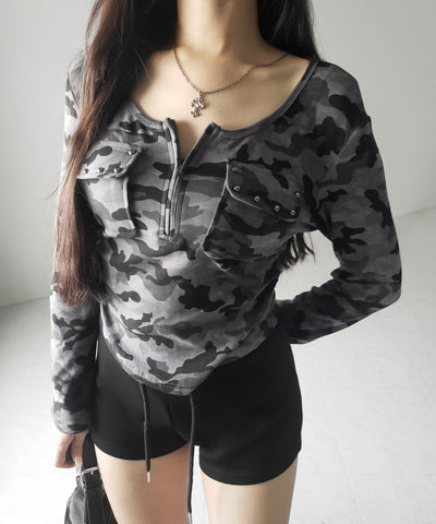 ヴィンテージカモフラアウトポケットジップロンT ／ vintage camouflage out pocket zip longsleeve T-shirt