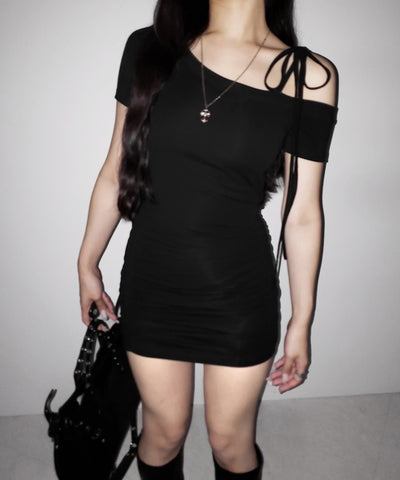 【 ２color ／ カップ付き 】ワンショルリボン半袖カットソーミニワンピ ／ one shoulder ribbon short sleeve cutsew mini onepiece