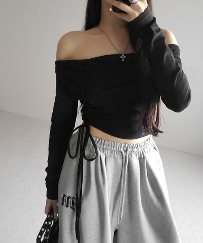 シャーリングリボンショートオフショルカットソートップス ／ shirring ribbon short off shoulder cutsew tops