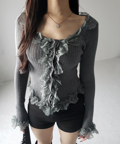 【 ３color 】レースフリルドッキングリブニットカーディガン ／ lace frill docking rib knit cardigan