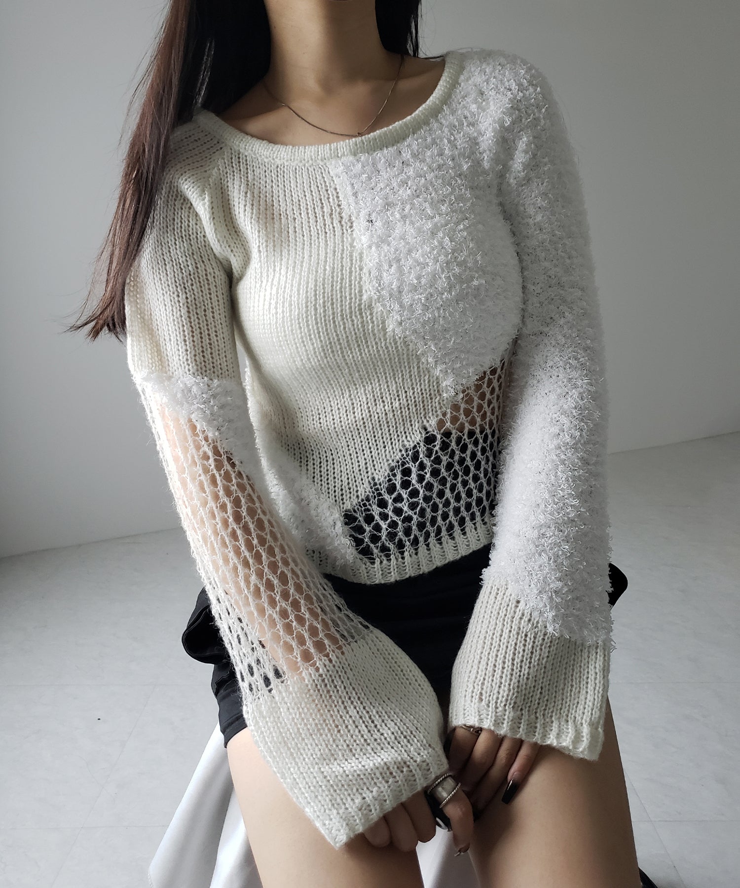 【 ２color 】異素材ドッキングスカシアミニットトップス ／ mixed material docking openwork knit tops