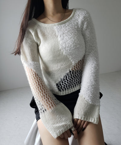 【 ２color 】異素材ドッキングスカシアミニットトップス ／ mixed material docking openwork knit tops