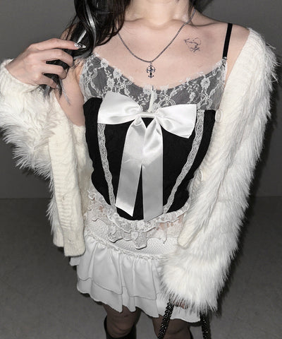 フロントサテンリボンレースキャミビスチェ ／ front satin ribbon lace cami bustier