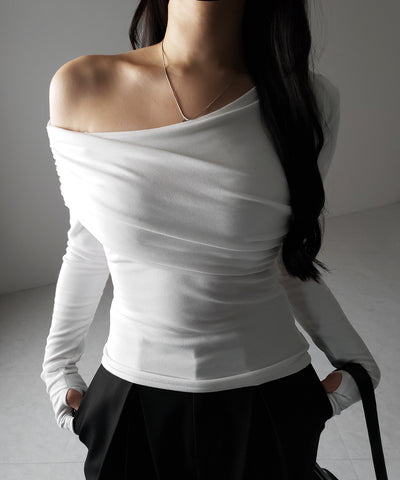 【 ２color ／ 裏起毛 】ワンショルダードレープギャザースリムトップス ／ One-shoulder draped gather slim tops