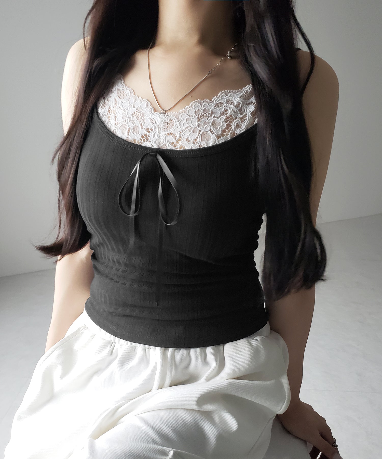 【 ３color ／ カップ付き 】フロントリボンレースドッキングキャミソール ／front ribbon lace docking camisole